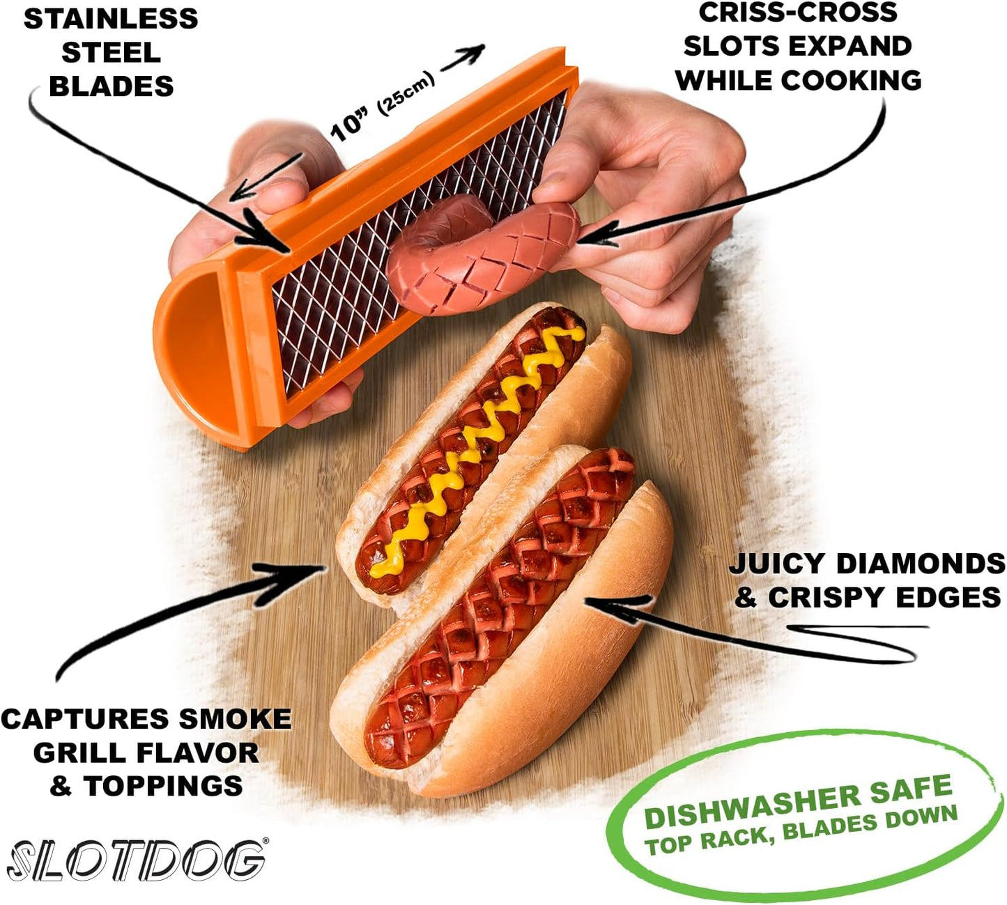 Hot Dog Slicing Tool - Orange - Griddle & Pellet Grill Special Edition For Griddles, Grills, Smoker, Air Fryer, Oven, BBQ, Campfire, Kitchen, Tailgating - Stainless Cutter Blades 10 inch