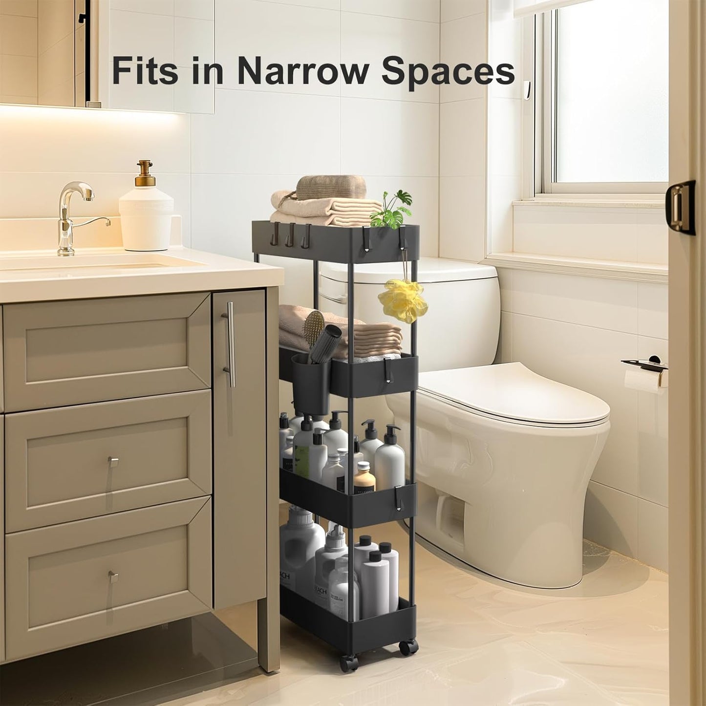 Pipishell Slim Storage Cart with Wheels - Bathroom Cart Organizer Storage, 4Tier Rolling Carts for Bathroom, Laundry Room, Kitchen, Narrow Space, Black PIUC05