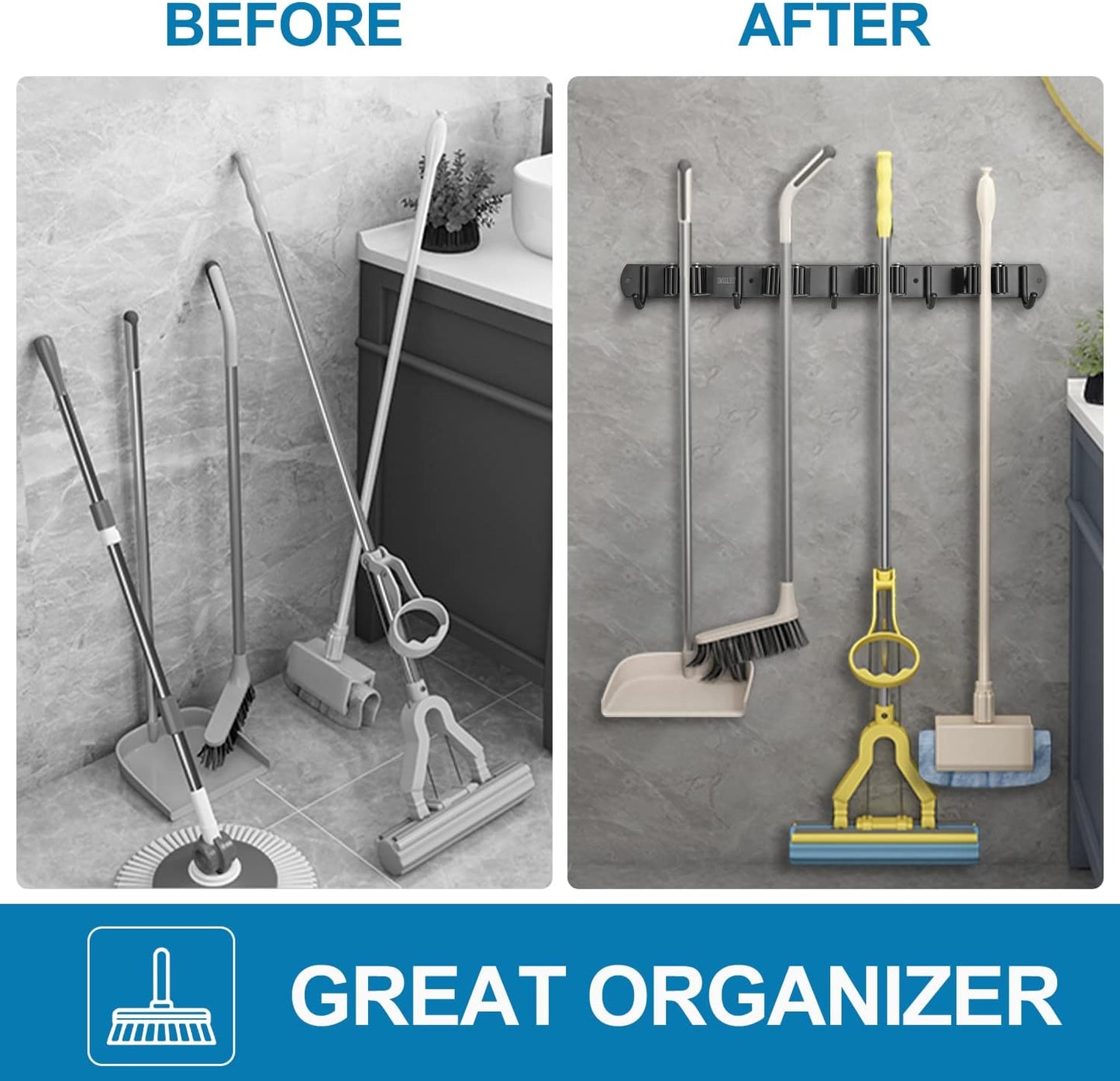 IMILLET 2 Pack Broom and Mop Holder Wall Mounted, Broom Holder Stainless Steel Broom Organizer Heavy Duty Tools Organizer Self Adhesive for Laundry Room Garage Garden（4 Racks and 5 Hooks）