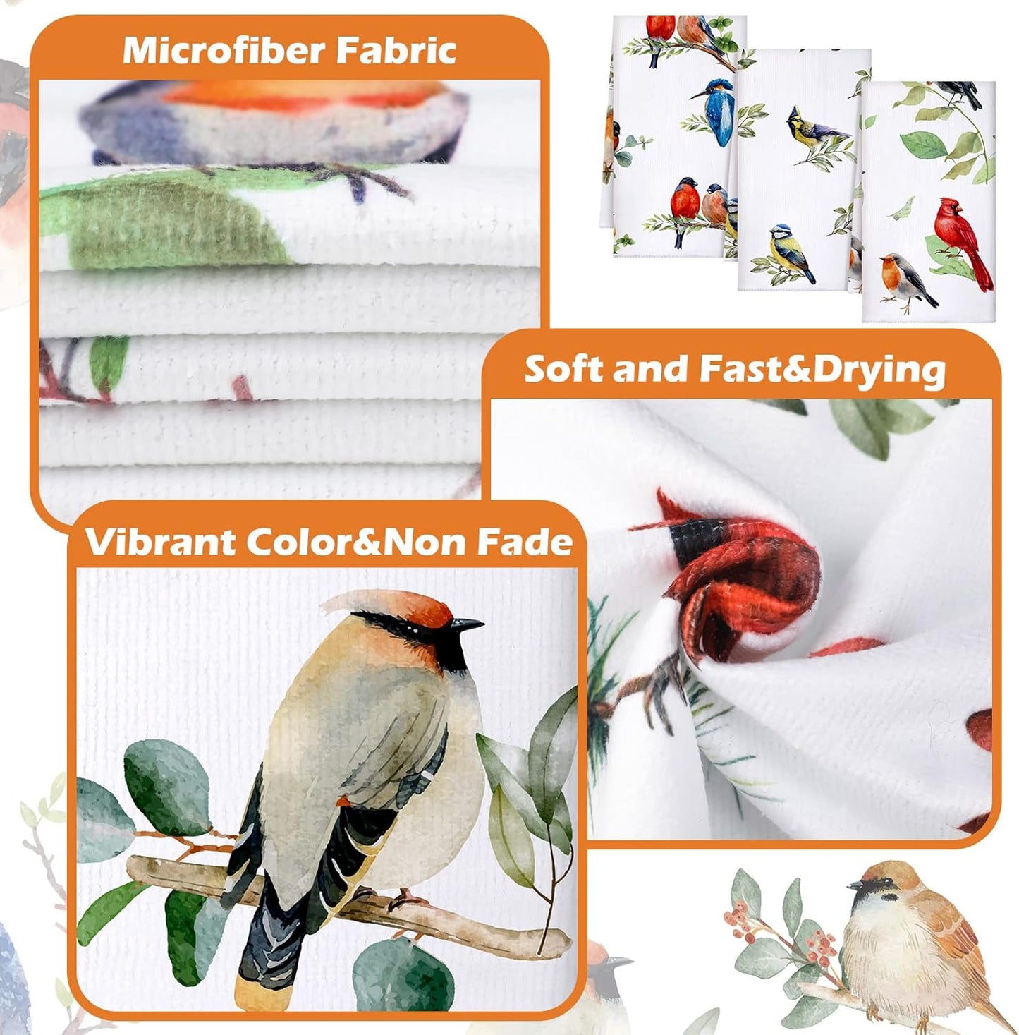 Set of 6 Birds Kitchen Towels Hummingbird Tea Towels Absorbent Dish Towels Birds on Branch 24 x 16 Inches Kitchen Gifts Cardinal Hand Towels Bird Lover Gifts for Farmhouse Kitchen Bathroom Decorations