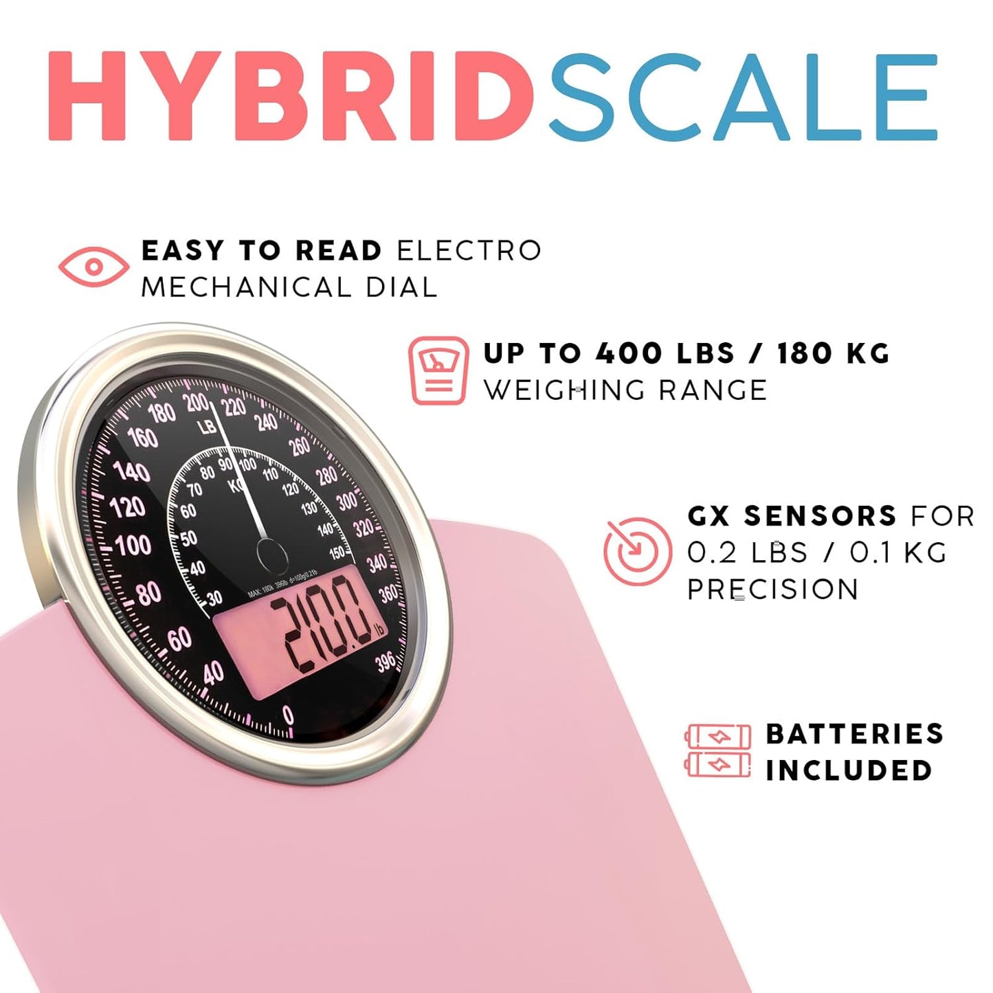 Adamson Hybrid 2-in-1 Analog & Digital Weighing Scale for Body Weight up to 400lbs - Thick Tempered Glass - Extra Large Display - Easy to Read Digital Bathroom Scale - New - Pink