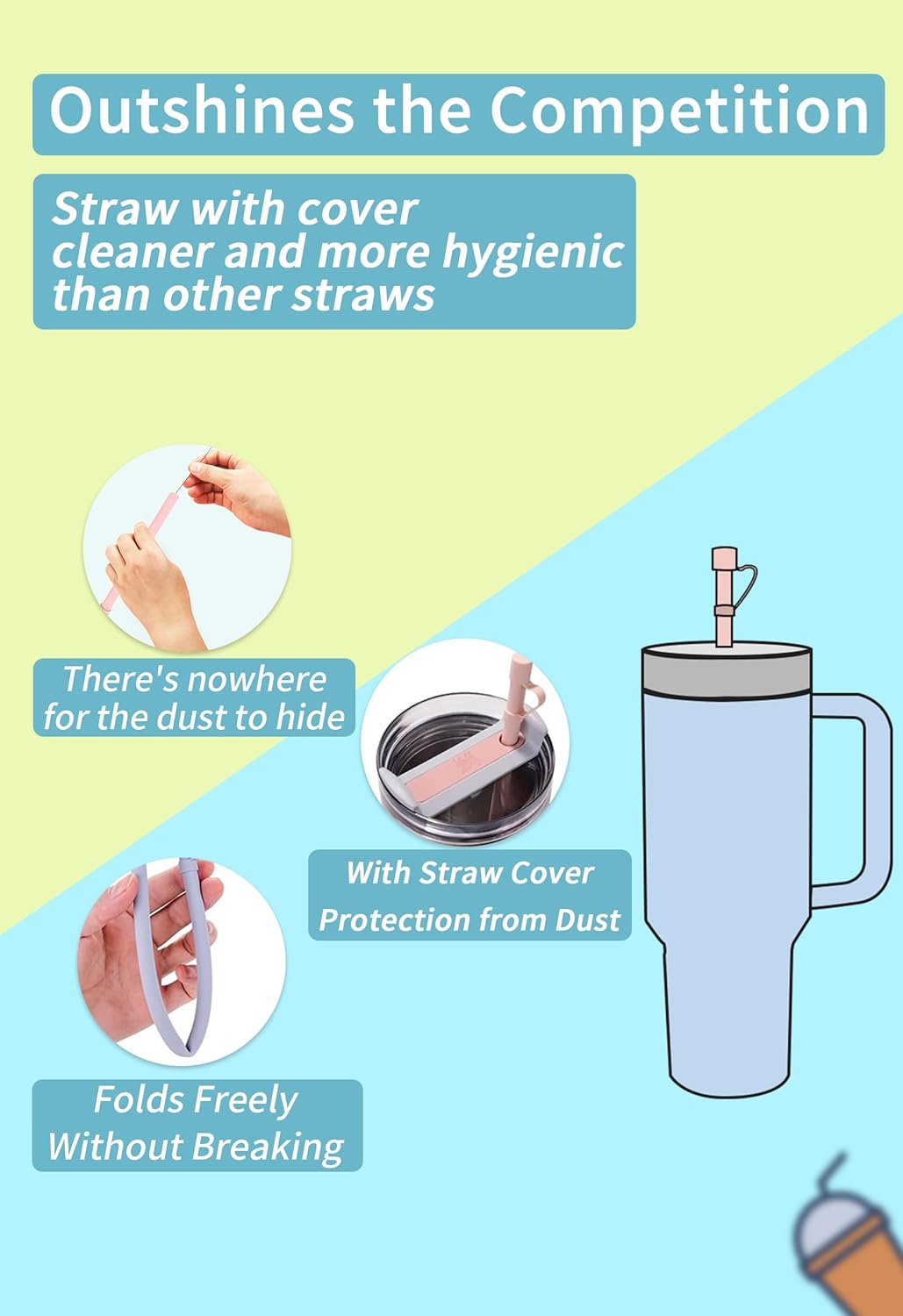 Reusable Replacement 12 inch Long Silicone Straw With Cover, Stocking Stuffers Gifts for Women Men Teens Girls Boys, Compatible with Stanley Tumbler Cup Accessorie 40 oz 30 oz (6 Pack)