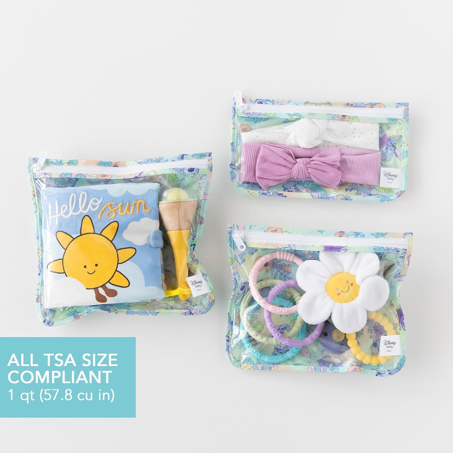 Bumkins Disney Travel Bag, Toiletry, TSA Approved Pouch, Zip Bag, Quart Size Airline Compliant, Clear-Sided, Baby, Diaper Bag Organization, Makeup, Accessories, Packing, Set of 3 Sizes, Aloha Stitch