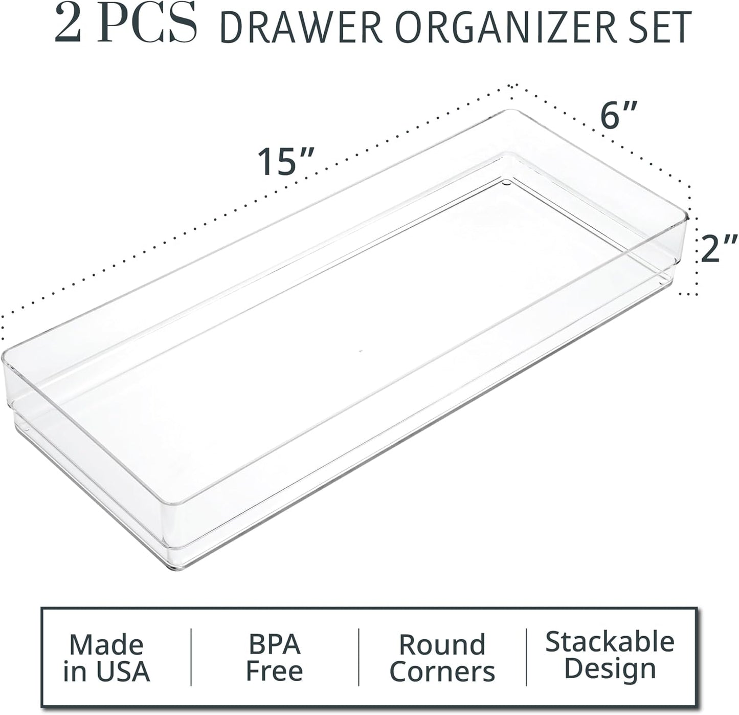 STORi SimpleSort 2-Piece Stackable Clear Drawer Organizer Set | 15" x 6" x 2" Rectangle Trays | Wide Makeup Vanity Storage Bins and Office Desk Drawer Dividers | Made in USA