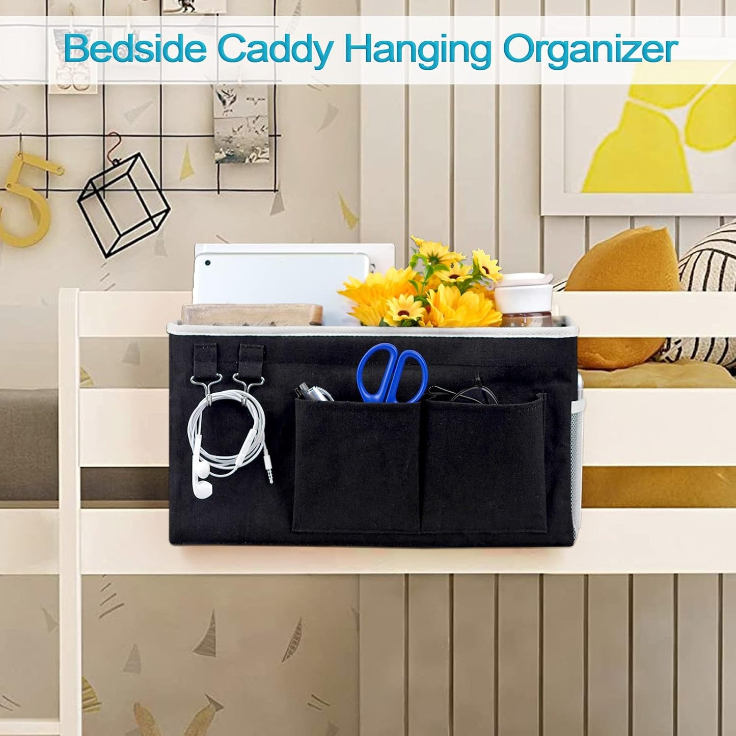 Loghot Bedside Caddy/Bedside Storage Bag Hanging Organizer for Bunk and Hospital Beds,Dorm Rooms Bed Rails,Can be Placed Glasses,Books,Mobile Phones,Keys (Black)