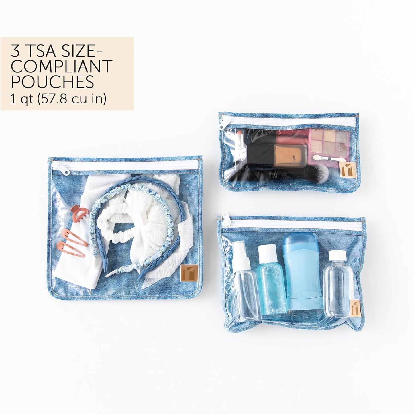 Roamio Travel Bag, Toiletry, TSA Approved Pouch, Zip Quart Size Airline Compliant, Clear-Sided, Baby, Diaper Bag Organization, Makeup, Accessories, Carry On Packing, Set of 3 Sizes, Faux Denim