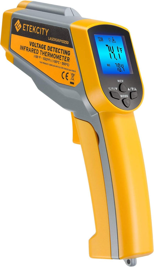 Etekcity Infrared Thermometer 1025D (Not for Human) Dual Laser Temperature Gun-58℉~1022℉ (-50℃~550℃) with Adjustable Emissivity, Non-Contact Voltage Tester (NCV), Standard Size, Yellow & Gray