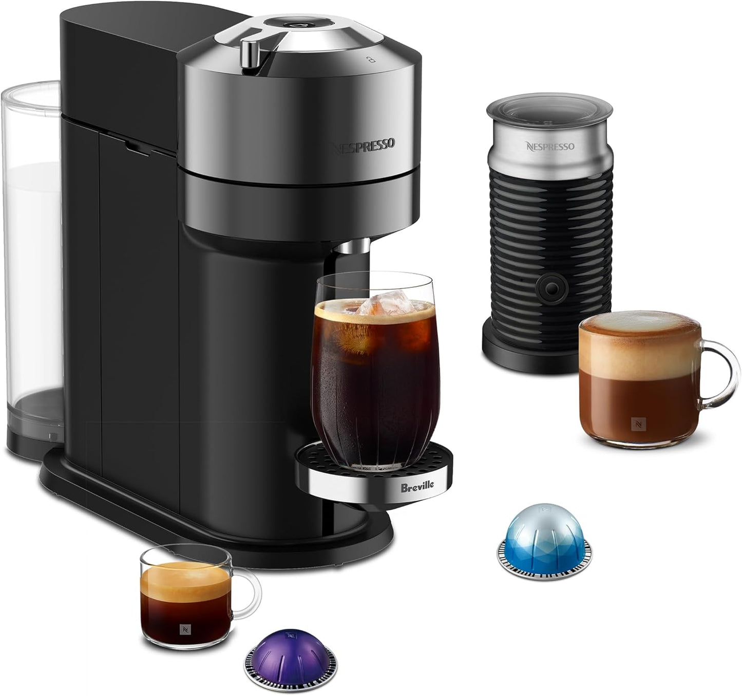 Nespresso Vertuo Next Deluxe Coffee and Espresso Maker, Pure Chrome with Aeroccino Milk Frother,1.1 liter, Black