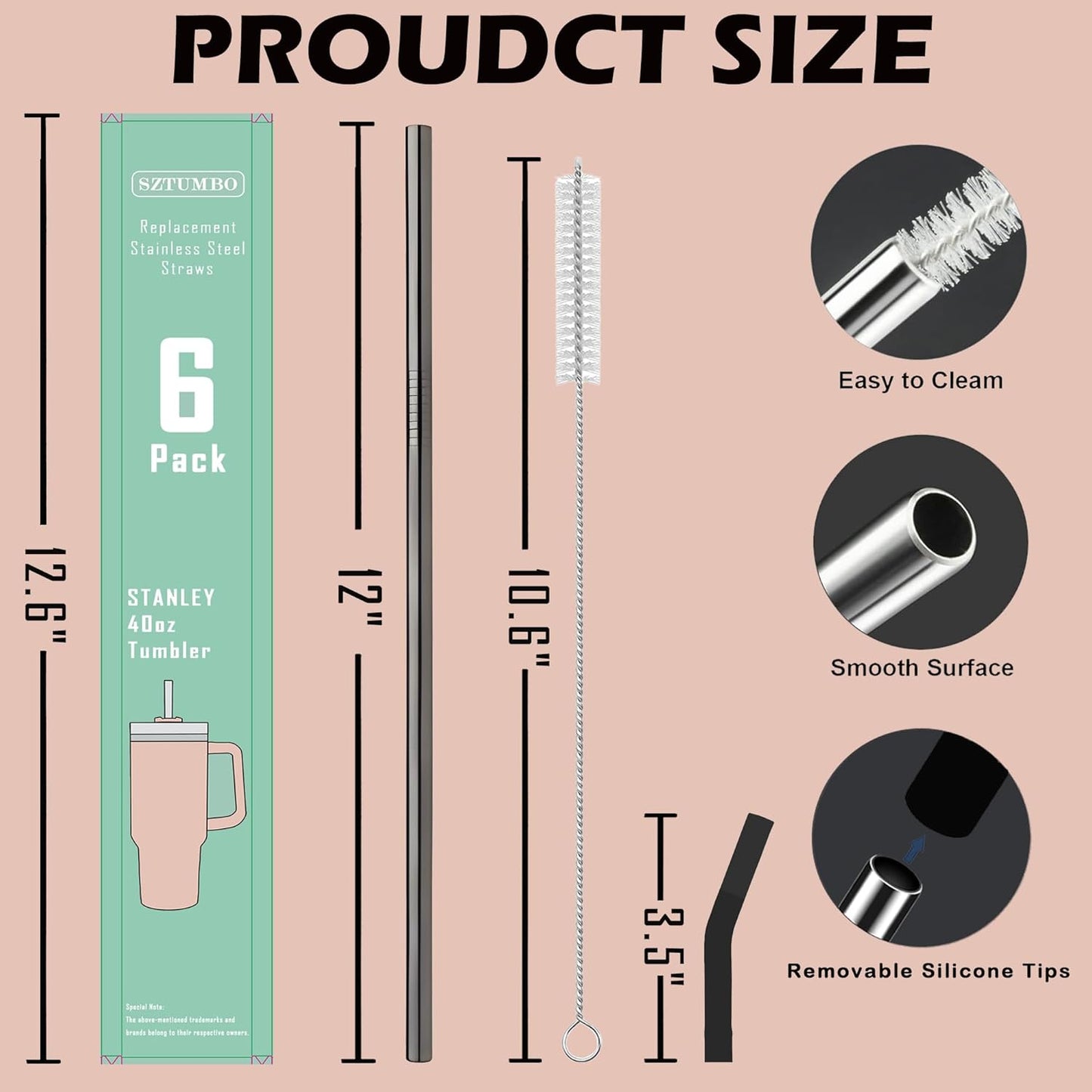 6 PCS 12Inch Metal Stainless Steel Reusable Straight Straw,with 6 Silicone Flex Tips and 2 Cleaning Brush,for 40oz Stanley, Hydrapeak, Owala Tumbler,Simple Modern 32 40oz Tumbler(8mm 3B3S)