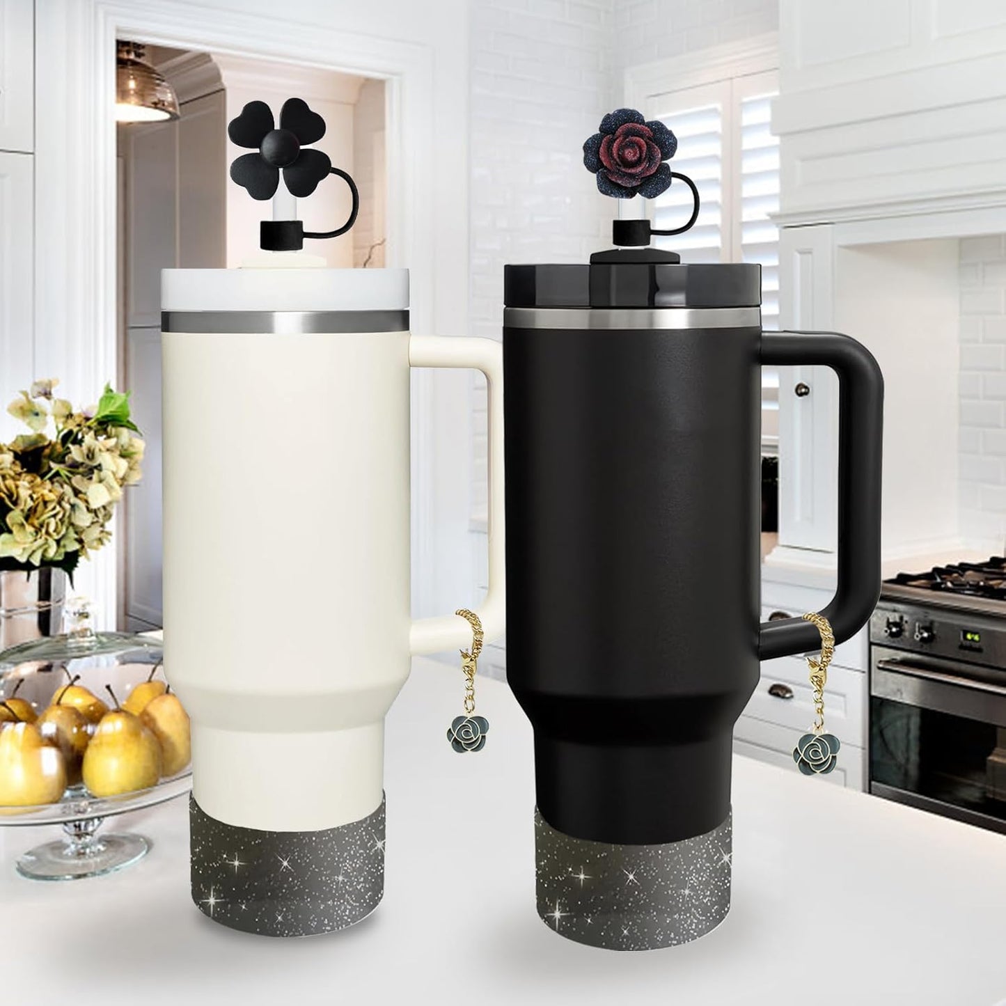 Stanley Cup Accessories Set,Including 2 Pcs 0.4in Straw Cover, 1 Silicone Spill-Proof Stopper Set of 3, 1 Cute Rose Handle Charm, 1 Silicone Boot Fits Stanley 40&30 Oz Tumbler (Black 2.0)