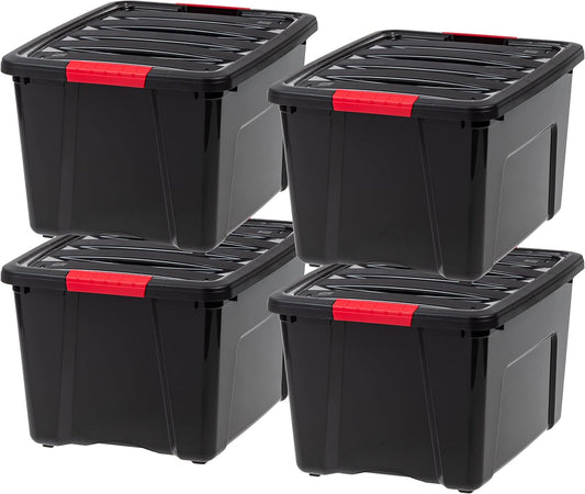IRIS USA 40 Qt Stackable Plastic Storage Bins with Lids, 4 Pack - BPA-Free, Made in USA - Garage Organizing Solution, Latches, Durable Nestable Containers, Secure Pull Handle - Black
