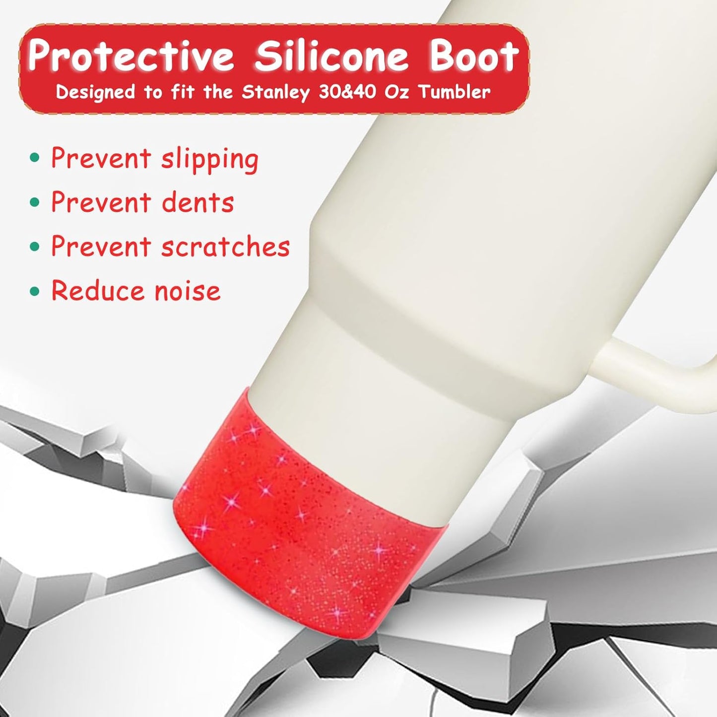 Christmas Stanley Cup Accessories Set,Including 2 Pcs 0.4in Christmas Straw Toppers, 8 Pcs 3D Stickers, 1 Pcs Handle Charm, 1 Silicone Boot Fits Stanley 40&30 Oz Tumbler (Glitter red)