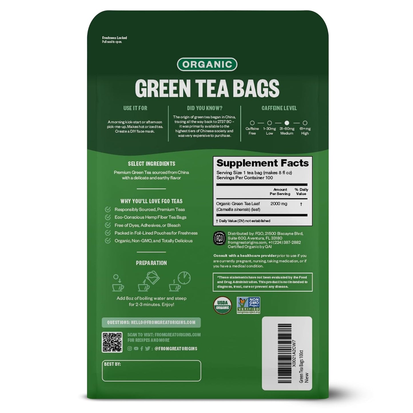 FGO Organic Green Tea, 100 Count Eco-Conscious Tea Bags, Caffeinated, Resealable Pouch, Packaging May Vary (Pack of 1)