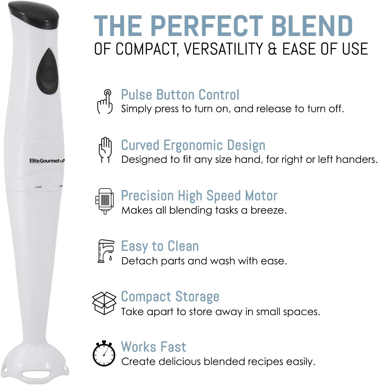 Elite Gourmet EHB2400W Electric Immersion Hand Blender, Mixer, Chopper, 1-Touch Control Multi Purpose Electric Immersion Stick, Mixer, Chopper, 150 Watts, For Soups, Sauces, Baby Food, White