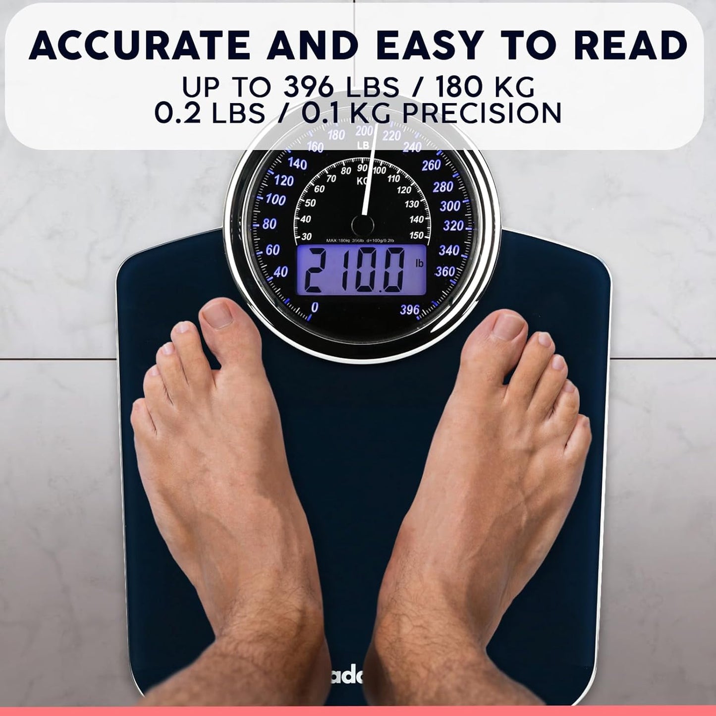 Adamson Hybrid 2-in-1 Analog & Digital Weighing Scale for Body Weight up to 400lbs - Thick Tempered Glass - Extra Large Display - Easy to Read Digital Bathroom Scale - New
