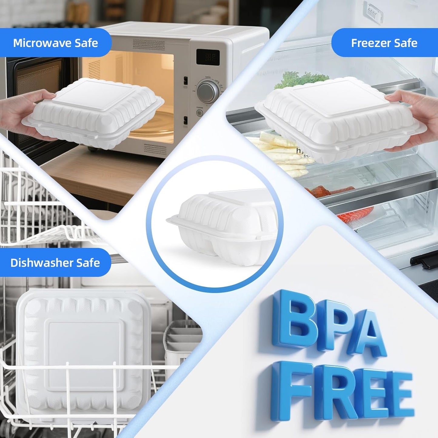 YANGRUI Food Containers 8 Inch 34 oz 55 Pack - Shrink Wrap BPA Free Mineral Filled PP Plastic Container | Reusable Freezer & Microwave Safe Meal Prep Takeout | White Heavy Duty Clamshell Lunch Boxes