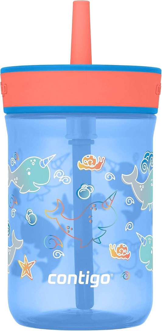 Contigo Kids’ Leighton Straw Tumbler with Spill-Proof Leak-Proof Lid 14oz Blue Poppy/Narwhals