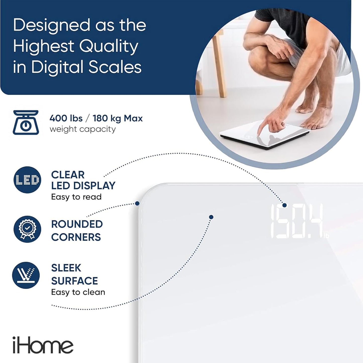 iHome Digital Scale, Bathroom Scale, Batteries Included, Scale Body Weight, Weight Scale, Digital Scale, Bathroom Scales for Weight, Digital Scales for Body Weight (White)