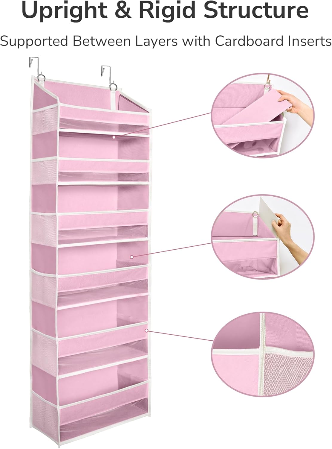 ULG Over The Door Organizer with 6 Large Pockets 12 Side Pockets, 50lbs Weight Capacity Door Hanging Storage Organizer for Bedroom, Bathroom, Pantry, Nursery Storage, Pink