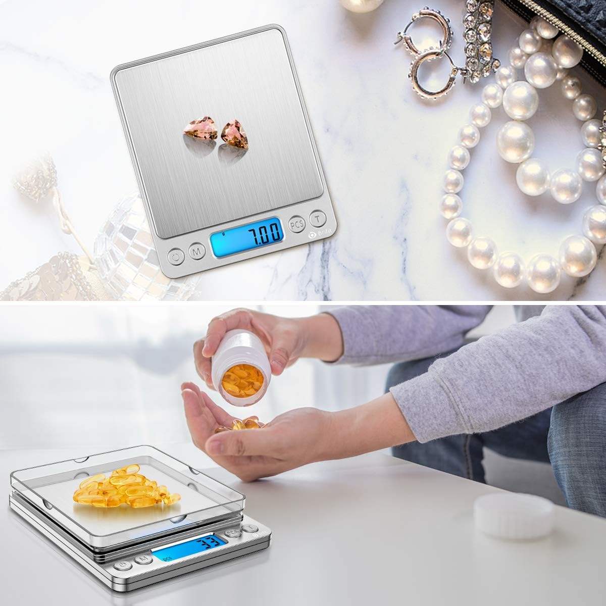 (New) AMIR Digital Kitchen Scale, 500g/ 0.01g Mini Pocket Jewelry Scale, 100g Calibration Weight, Cooking Food Scale, Back-Lit LCD Display, 2 Trays, 6 Units, Auto Off, Tare, PCS, Stainless Steel