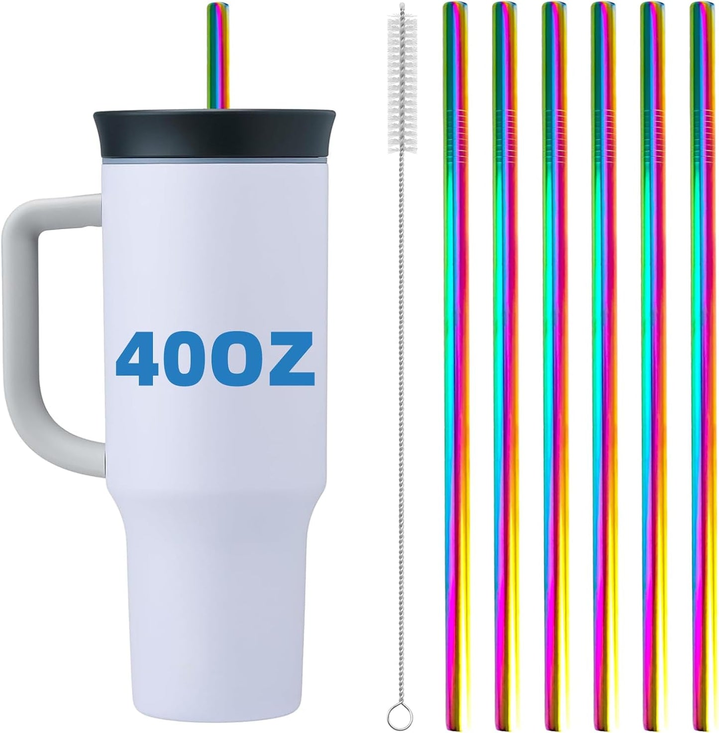 Stainless Steel Straws for Owala Insulated Bottle 40oz Tumbler 6x Metal Replacement Straws 10mm with Cleaning Brush for Owala 40oz (Colorful, 6x Straight 10mm)