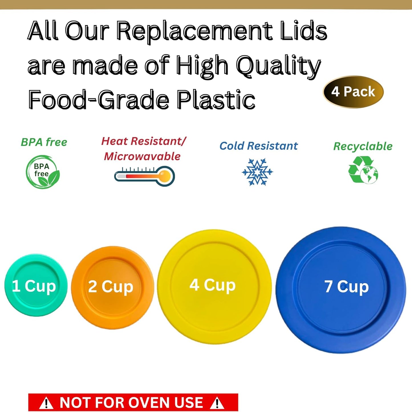 1, 2, 4 & 7 Cup Green, Orange, Yellow, Blue Replacement Lids/Covers for Pyrex, Anchor Hocking & KlareWare Storage Bowls *Lids Only Glass Container Not Included* (4 Pack *One of Each Size*)