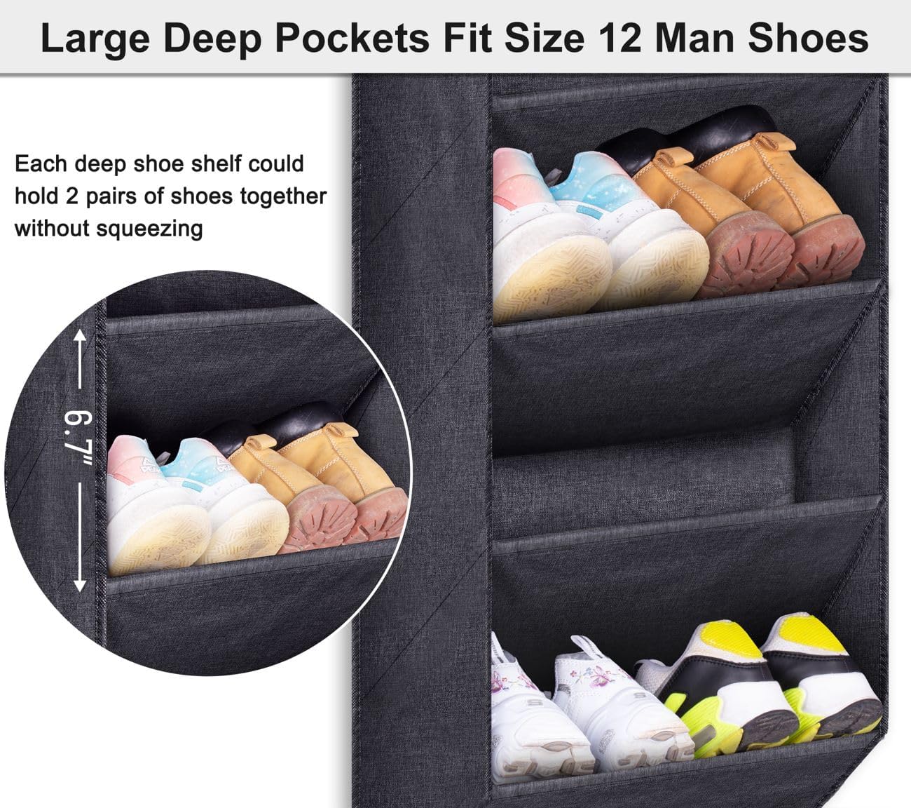 SLEEPING LAMB Over The Door Shoe Organizer for Closet with Large Deep Pockets, Narrow Shoe Rack for Door Hanging Boots Storage, Black