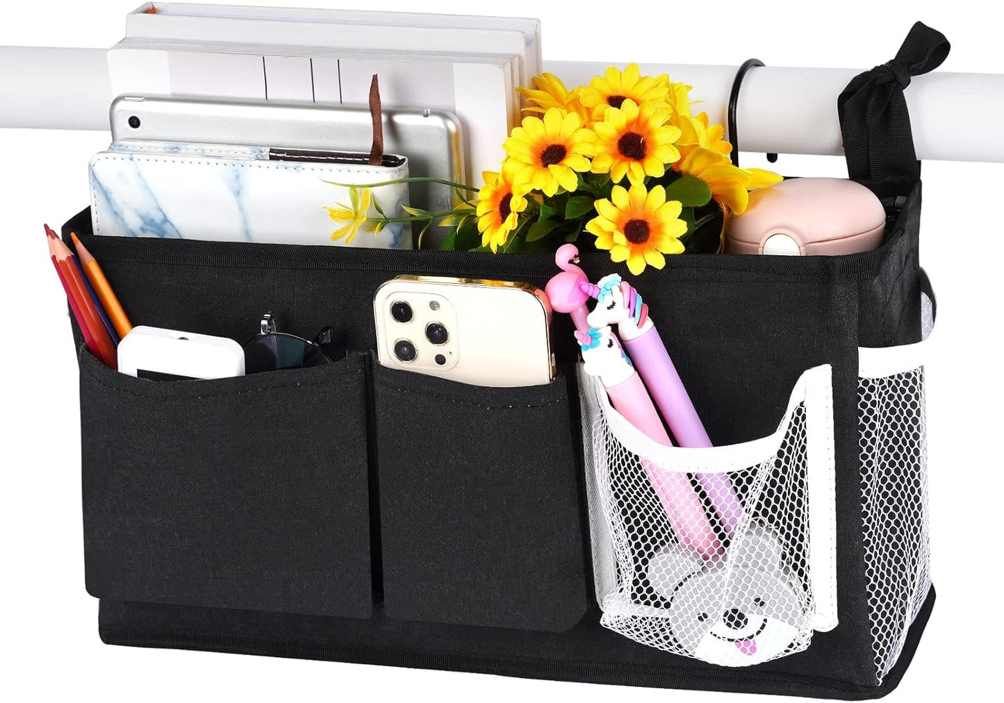 Loghot Bedside Caddy/Bedside Storage Bag Hanging Organizer for Bunk and Hospital Beds,Dorm Rooms Bed Rails,Can be Placed Glasses,Books,Mobile Phones,Keys (New Black-1)