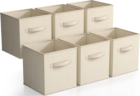 Sorbus Foldable Storage Cubes - 6 Fabric Baskets for Organizing Pantry, Closet, Shelf, Nursery, Playroom, Toy Box - 11 Inch Dual Handle Collapsible Closet Organizers and Storage Bins (Beige)