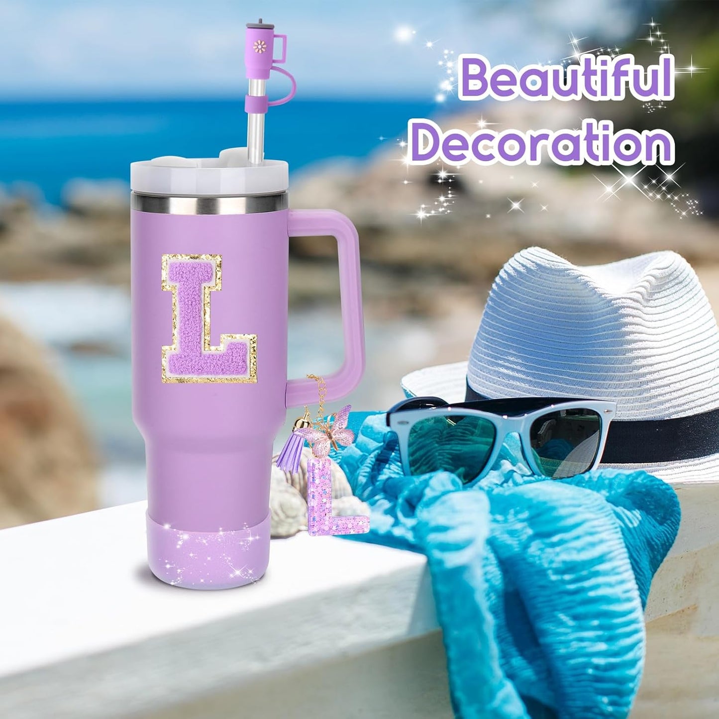 Mity rain 6PCS Cup Accessories Set for Stanley Cup 30oz 40oz tumbler with handle, Including Silicone Straw Topper Cover Cap and Boot, Spill Proof Stopper, Handle Charm, Initials Sticker (Letter L)