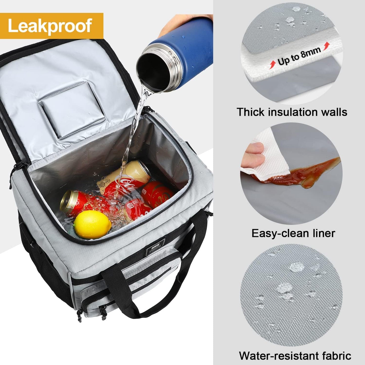 MIER Leakproof Insulated Cooler Lunch Bag for Adult Men Women 30 Can Cooler Bag with Top Flip Lid, 18L, Multiple Pockets (Grey-No Luggage Strap)