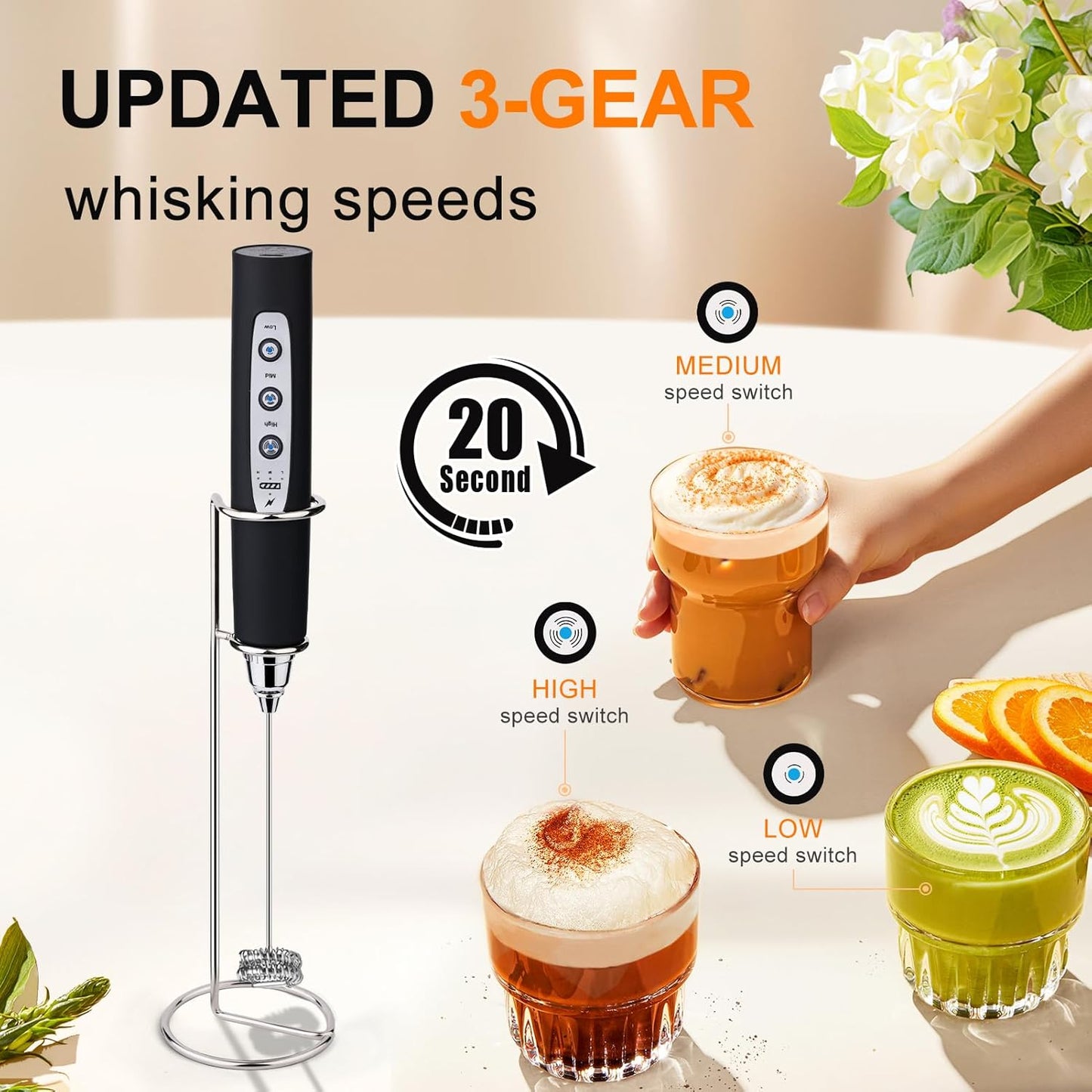 YUSWKO Black Handheld Milk Frother Wand with Stand for Coffee, Rechargeable Electric Whisk with 3 Heads 3 Speeds Drink Mixer Coffee Frother For Latte, Cappuccino, Hot Chocolate, Egg