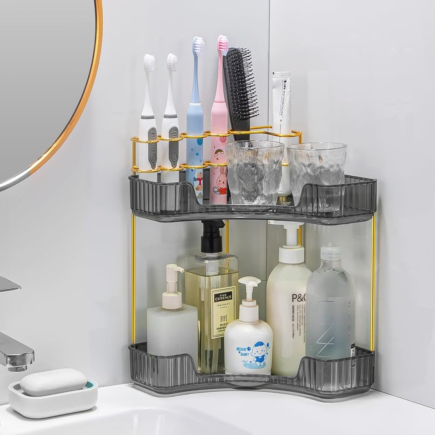 Upgraded 2-Tier Corner Bathroom Countertop Organizer – Spacious Storage for Makeup, Skincare & Perfumes, Built-in Brush Holder Fits Vanity/Dresser/Bsthtub (Slate Gray)