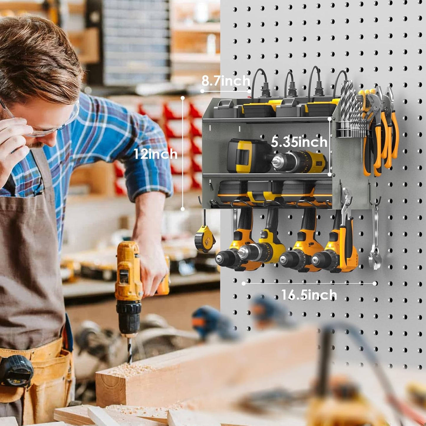 CCCEI Modular Power Tool Organizer Wall Mount with Charging Station. Garage Drill Storage Shelf with Hooks, Heavy Duty Rack, Tool Battery Holder Built in 8 Outlet. Gift for Men. Grey, 2 Pack.