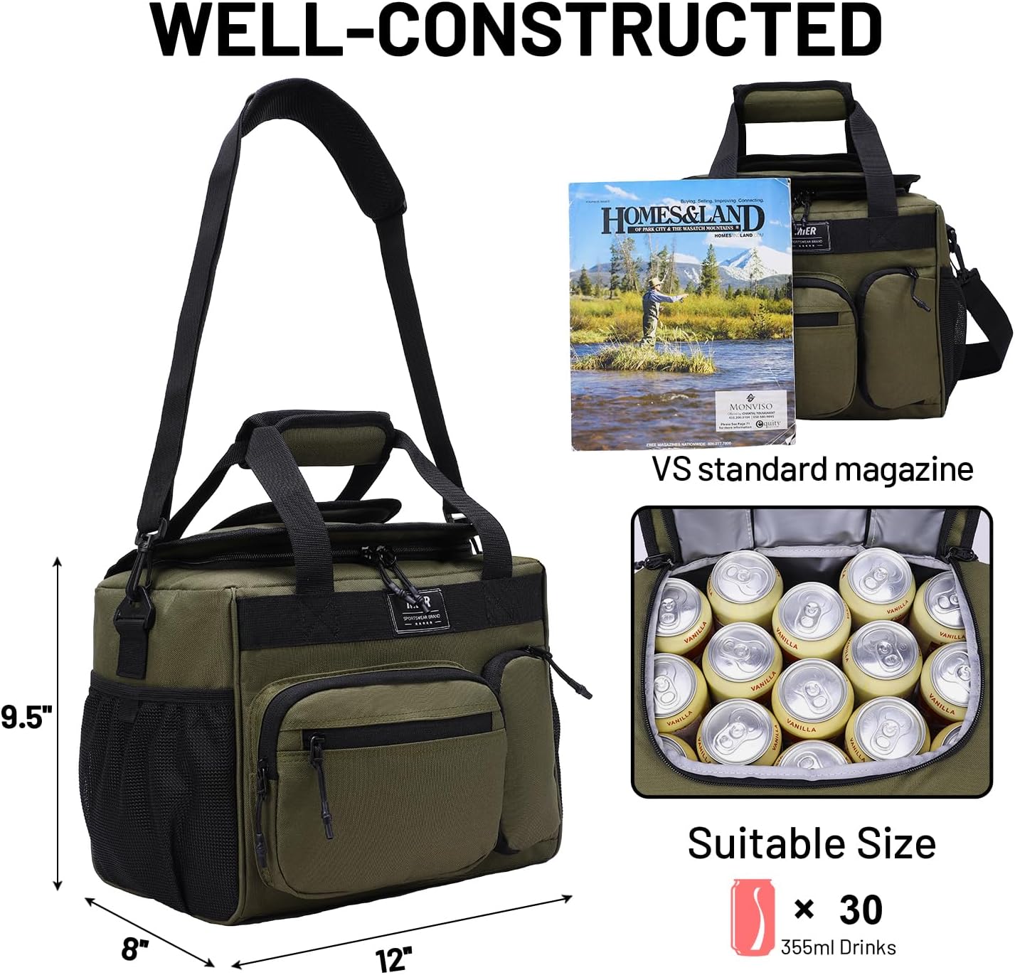 MIER Leakproof Insulated Cooler Lunch Bag for Adult Men Women 30 Can Cooler Bag with Top Flip Lid, 18L, Multiple Pockets (Dark Green-No Luggage Strap)