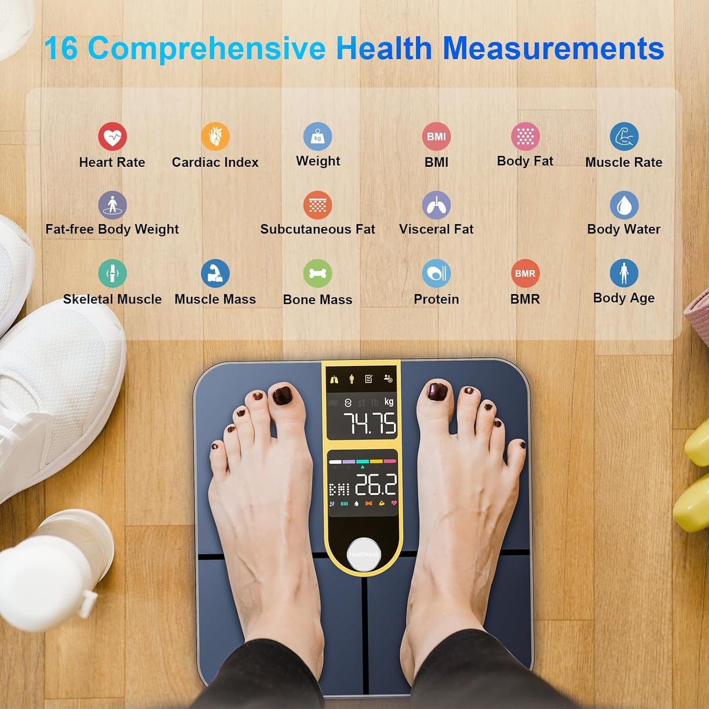 Healthkeep Body Fat Scale with Dual VA Displays and ITO Technology, 16 Body Datas with Heart Rate, Smart Weight Scale Compatible with iOS & Android, Max 400lb/180kg, Golden
