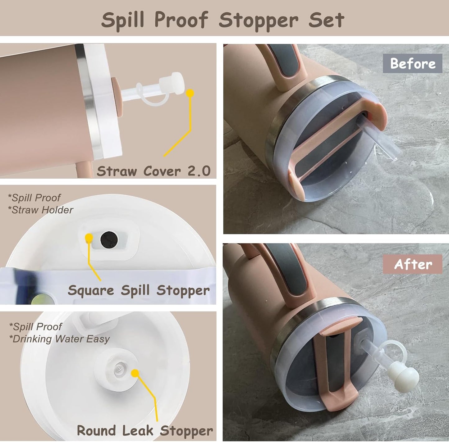 Stanley Cup Accessories Set,Including 2 Pcs 0.4in Straw Cover, 1 Silicone Spill-Proof Stopper Set of 3, 1 Cute Bear Handle Charm, 1 Silicone Boot Fits Stanley 40&30 Oz Tumbler (Almond Rose)