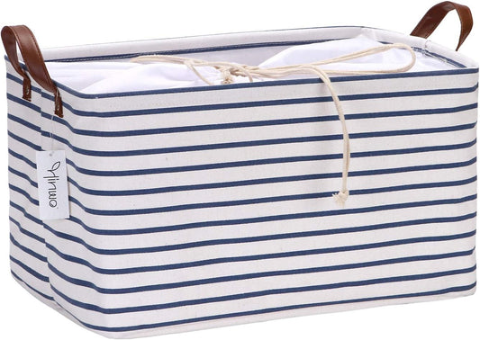 Hinwo 31L Large Storage Bins, Closet Organizers and Storage, Shelf Baskets, Foldable Clothes Storage Baskets with Handles, Containers for Clothing, Blanket, Towels, Toys, Bedding (Navy Stripe)