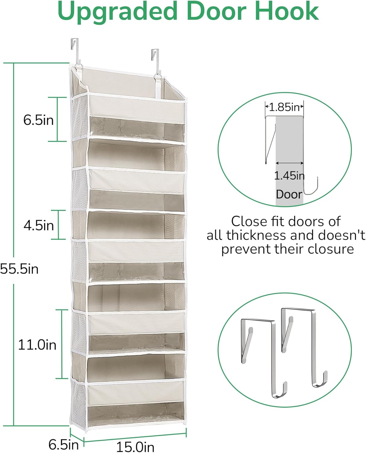 ULG 1-Pack Over Door Organizer with 5 Large Pockets 10 Mesh Side Pockets, 44 lbs Weight Capacity Hanging Storage Organizer with Clear Window for Bedroom Bathroom Kitchen, RV, Camper, Beige