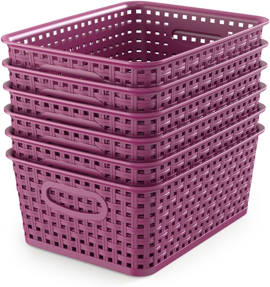 WYT 6-Pack Plastic Small Shelf Storage Weave Baskets Organizing for Cabinets and Pantries, Deep Purple
