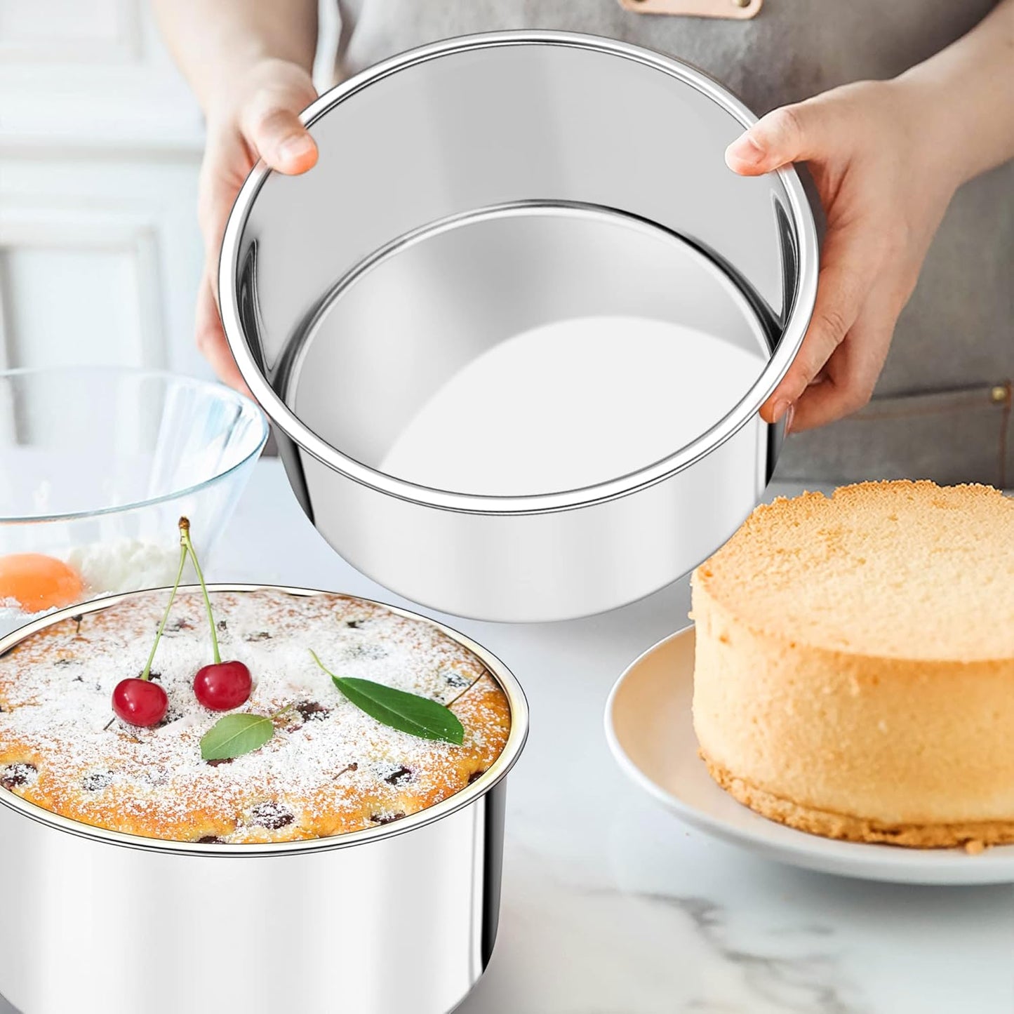 TeamFar 6 Inch Cake Pan, 6” x 3” Deep Round Cake Pan Tier Baking Tins Set Stainless Steel, For Baking Steaming Serving, Healthy & Toxic Free, Deep & Straight Size, Oven & Dishwasher Safe - Set of 2