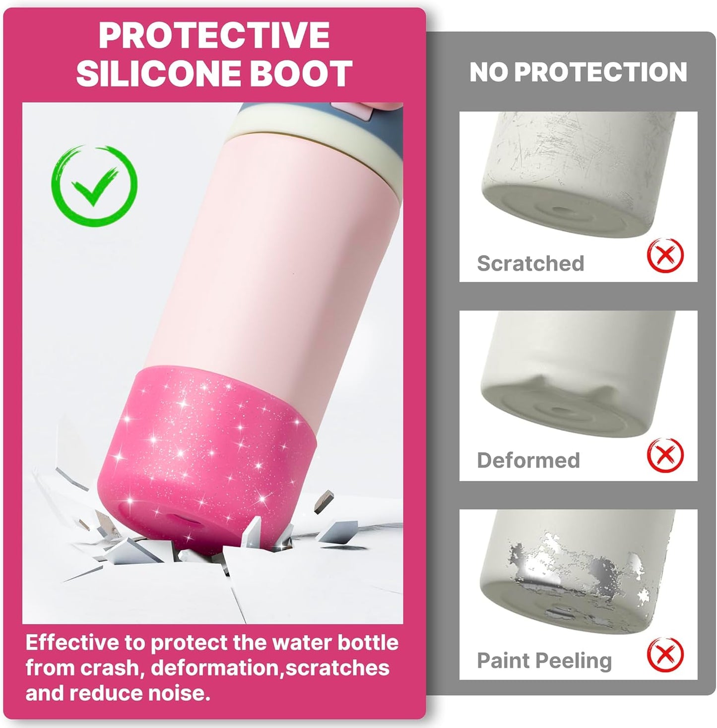 Silicone Water Bottle Boot for Owala 14/16oz, Anti-Slip Protective Sleeve Bottom Bumper Protector for Owala Kids 12 oz Tumbler, Flip 14 oz and FreeSip 16 oz Water Bottle (Glitter Rose Red)