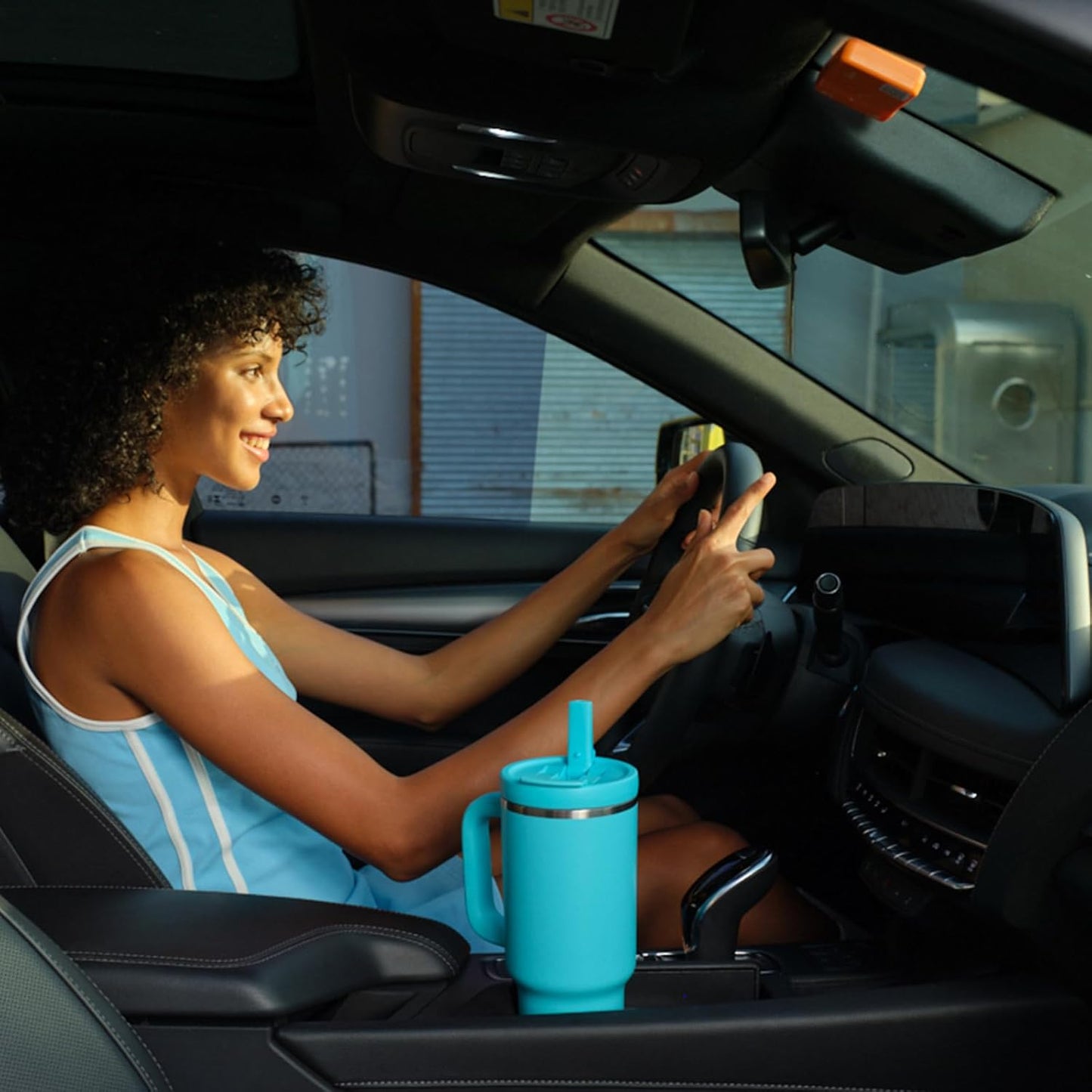 40 oz Tumbler with Handle and Straw: Stainless Steel Insulated Tumbler Keeps Cold for 24 Hours, Leakproof Travel Cup Fits in Cup Holder and BPA-Free,Aquamarine Blue