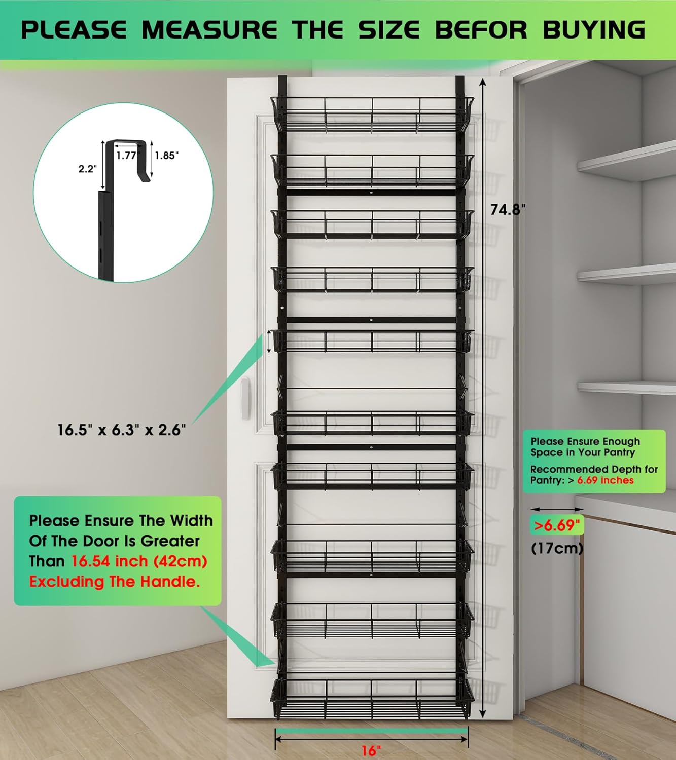 10-Tier Over The Door Pantry Organizer, Pantry Organization and Storage, Black Metal Hanging Adjustable Basket, Wall Spice Rack Seasoning Shelves, Home & Kitchen Essentials