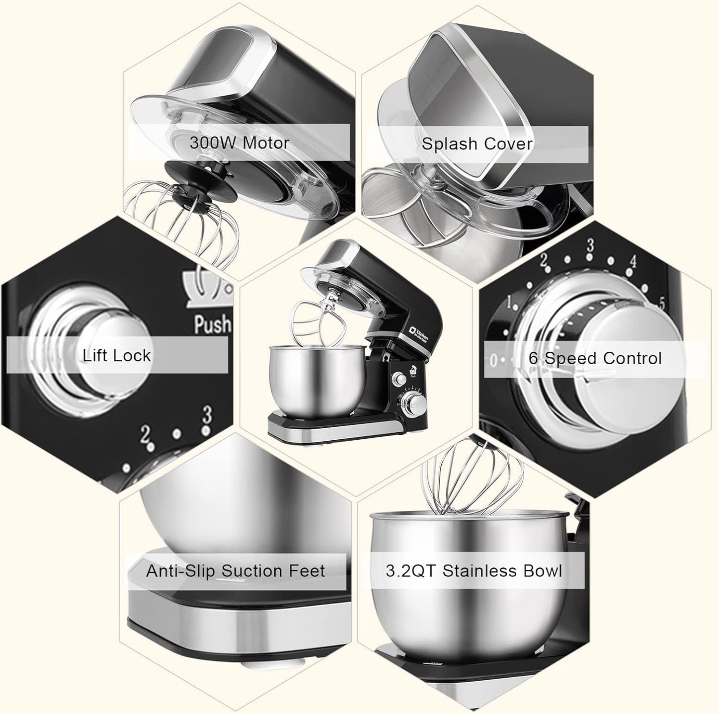 Kitchen in the box Stand Mixer,3.2Qt Small Electric Food Mixer,6 Speeds Portable Lightweight Kitchen Mixer for Daily Use with Egg Whisk,Dough Hook,Flat Beater (Black)