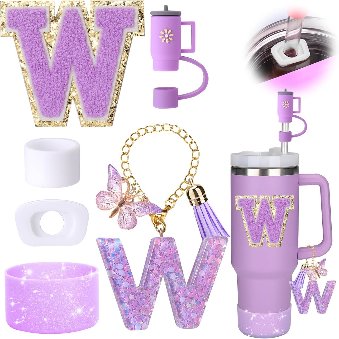 Mity rain 6PCS Cup Accessories Set for Stanley Cup 30oz 40oz tumbler with handle, Including Silicone Straw Topper Cover Cap and Boot, Spill Proof Stopper, Handle Charm, Initials Sticker (Letter W)