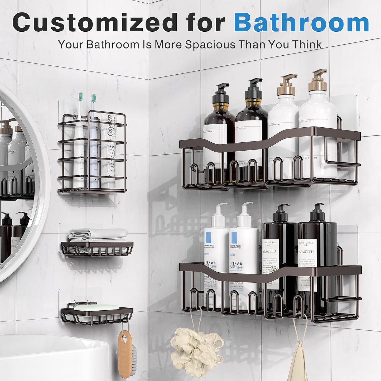 EUDELE 5-Pack Rustproof Stainless Steel Shower Caddy Set– No Drill Adhesive Bathroom Organizer, Space-Saving Shower Shelves for Apartment Essentials, Bathroom/Kitchen Storage Home Decor-L Size