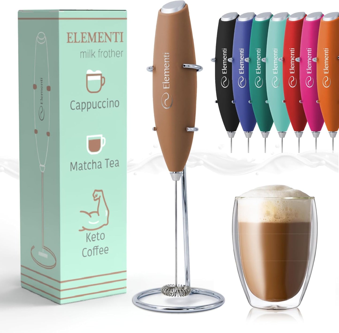 Elementi Coffee Mixer Wand & Drink Mixer with Stand - Powerful Coffee Frother Handheld Milk Frother Wand - Hand Held Milk Foamer to Make Perfect Cappuccinos, Lattes & Drink Mixes at Home (Mocha)