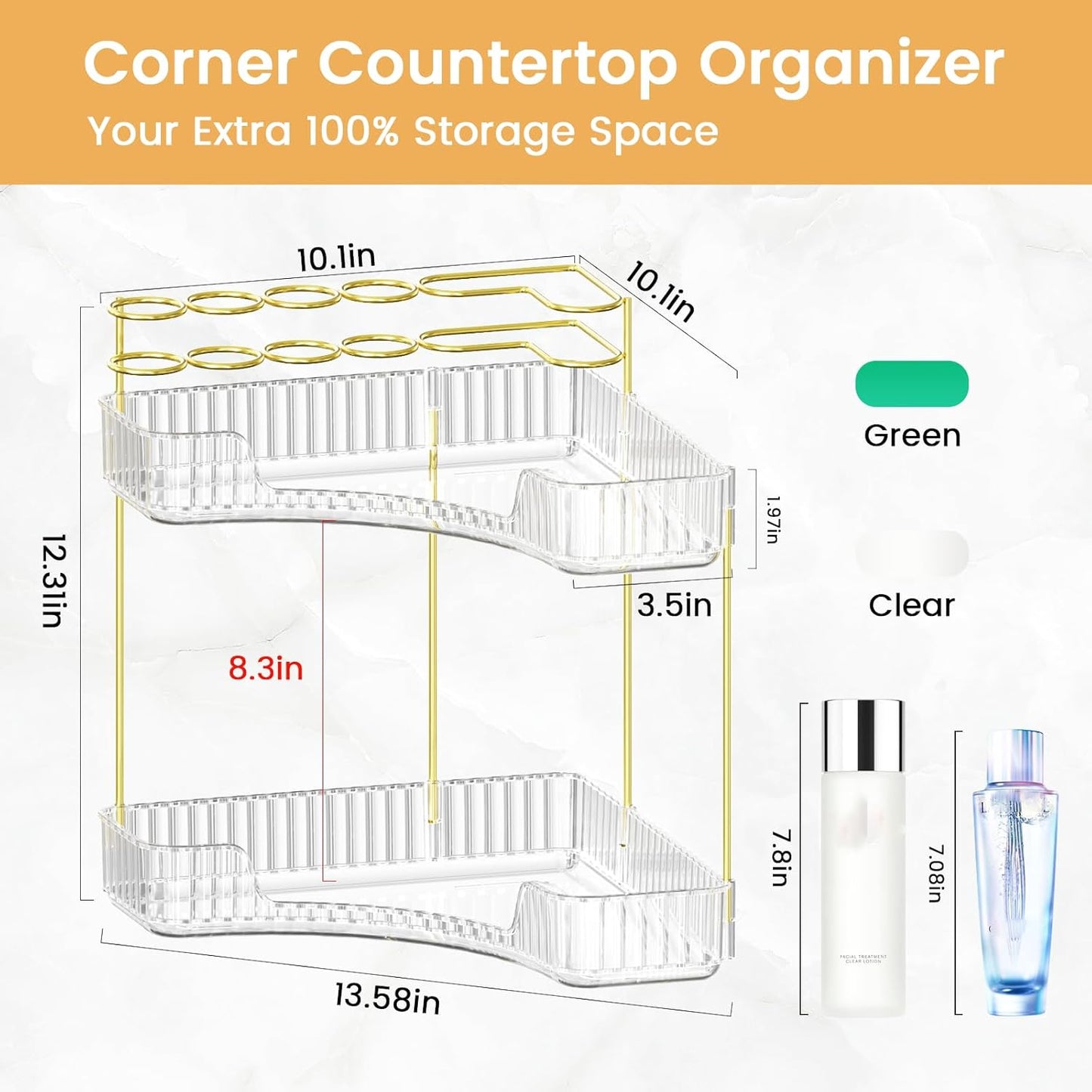 NATURE'S SOURCE Makeup Organizer for Vanity, 2-Tier Corner Bathroom Organizer Countertop with Makeup Brush Holder, Corner Counter Storage for Bathroom Dresser-Clear