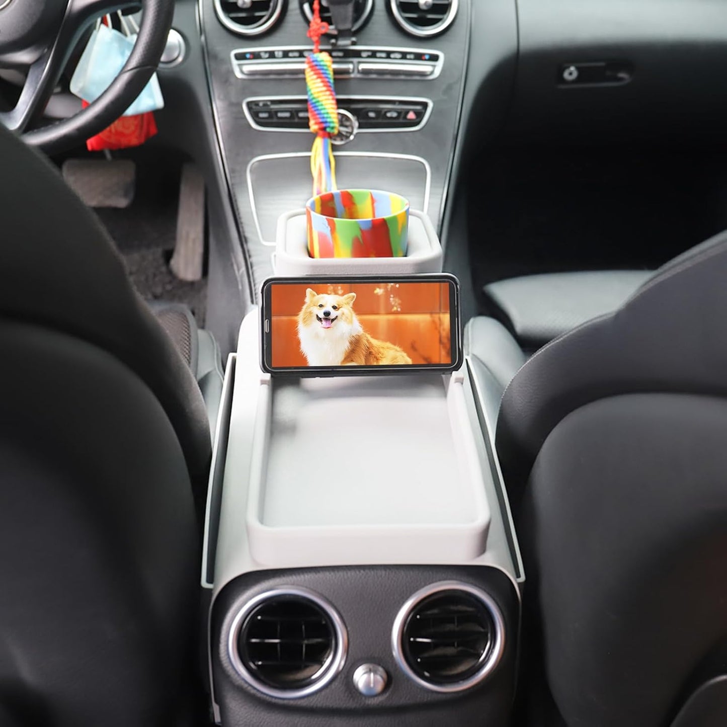 Couch Cup Holder Tray, VIENFUT Silicone Anti-Slip Sofa Armrest Tray with Side Pockets, BPA-Free Anti-Spill Couch Drink Holder for YETI, Remote, Snacks, Cellphone and iPad, Ideal Gift (Griege)